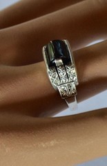 Antique Art Deco Sterling Silver Ring Black Onyx & Marcasite SZ 6 3/4