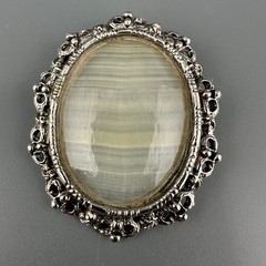 Vintage Gemstone Brooch Polished Beige Banded Agate Silver Tone Oval Frame Heavy