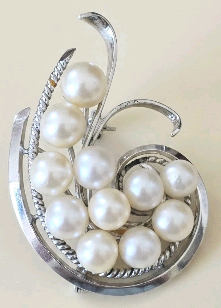 Vintage Japanese 950 Silver Akoya Cultured Pearl Swirl Spray Brooch Pin Round