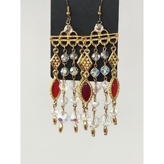 Gold Tone Clear AB Crystal & Red Marquise Glass Dangle Drop Earrings 4″ Long VTG