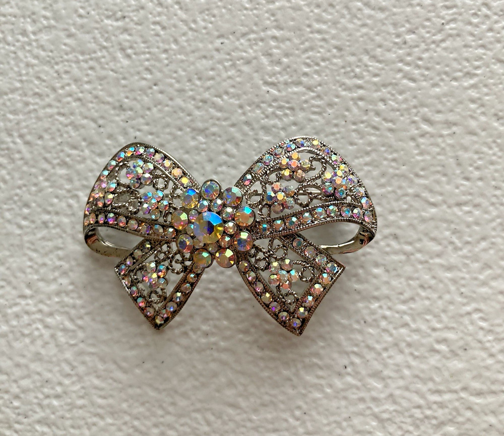 Vintage Silver Tone Filigree Bow Brooch AB Rhinestone Cluster Costume Jewelry