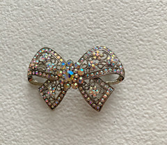 Vintage Silver Tone Filigree Bow Brooch AB Rhinestone Cluster Costume Jewelry