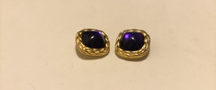 Vintage TriffariGold Tone Clip Earrings Signed Faux Amethyst Cabochon 1 1/4
