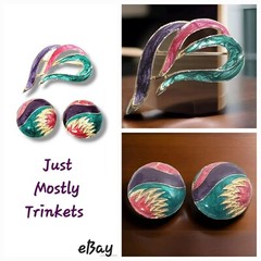 Vintage 1980s Pearlescent Enamel BROOCH EARRING Gold Tone Purple Fushia Teal