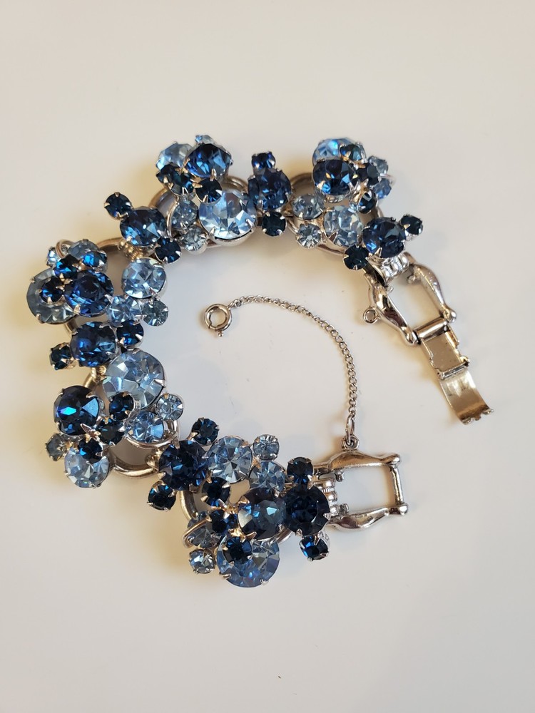 Vtg Juliana 5 Link Bracelet D&E Royal & Baby Blue Rhinestone Silver Tone Safety