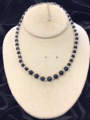 Vintage Costume Graduated Black Glass Bead & Silver Tone Bead Necklace 20″ II595
