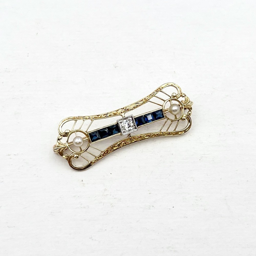 Antique 12k Yellow Gold Art Deco Old European Diamond Sapphire Pearl Pin Brooch