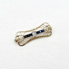 Antique 12k Yellow Gold Art Deco Old European Diamond Sapphire Pearl Pin Brooch