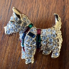 Vintage Scottie Terrier K.J.L I’m Clear Rhinestone Brooch Red Green Harness