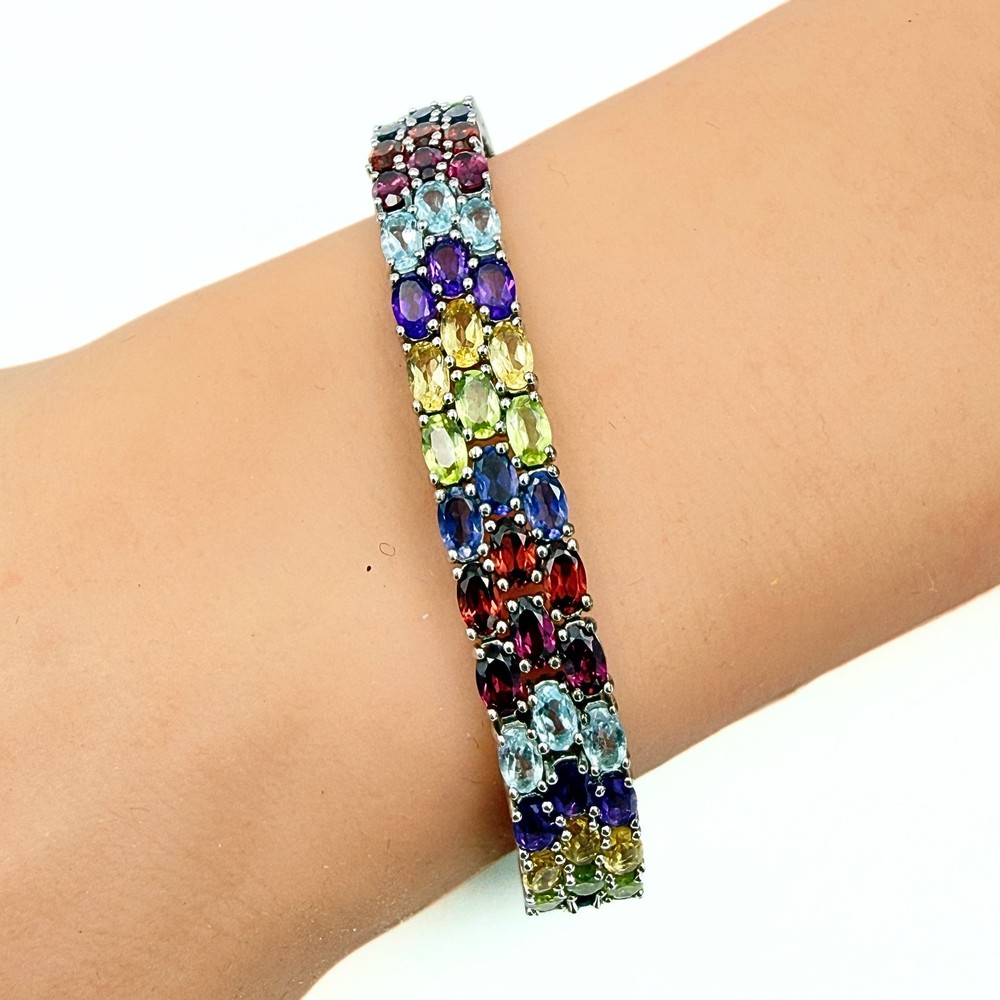 BBJ Sterling Silver 3 Row Multi Gemstone Garnet Amethyst Citrine Link Bracelet
