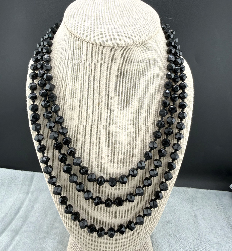 Vintage Black Glass Necklace Layered Multi Strand 60″