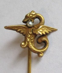 ANTIQUE VICTORIAN MYTHICAL DRAGON SEED PEARL STICK PIN GOLD GILT BRASS