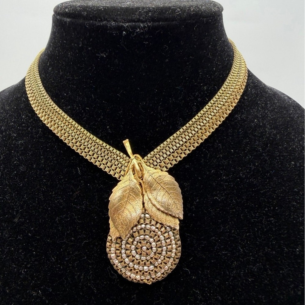 Rare Miriam Haskell Signed 5 Strand Necklace Wired Faux Pearl Leaf Pendant VTG