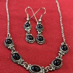 Vintage Silver Tone Black Onyx Oval Necklace & Earrings Jewelry Set