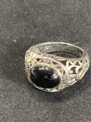 Sterling Silver Black Onyx Oval Signet Ring Filigree Frame Domed Sz9.5 5.7gr