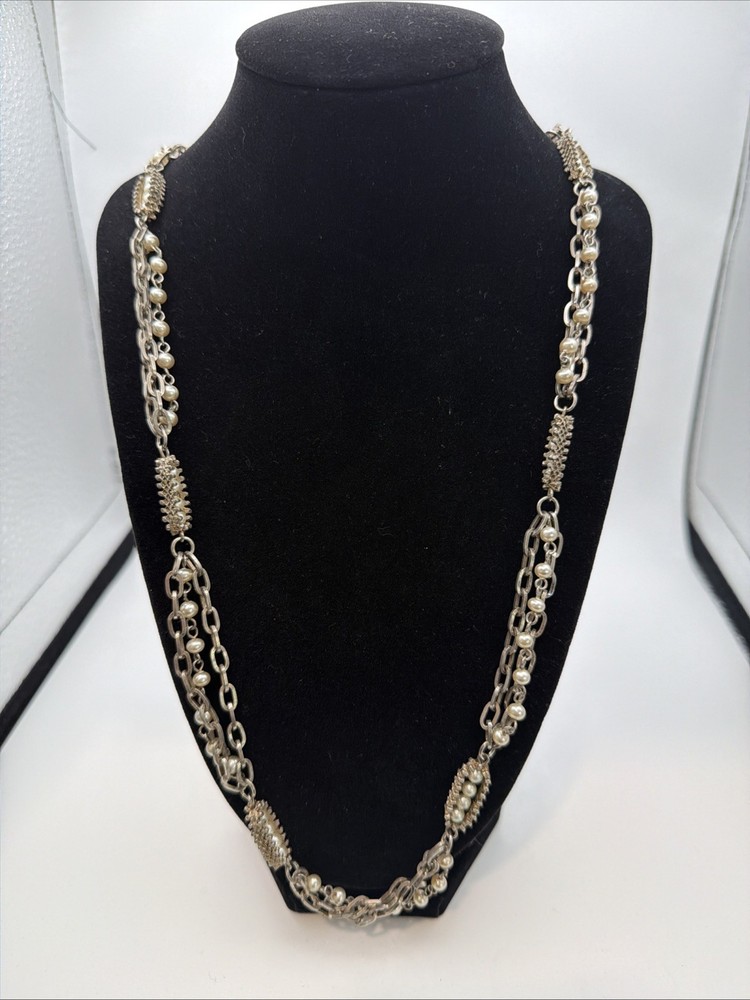 348. Vintage Necklace Metal With Faux Pearl. Unique Metal Work