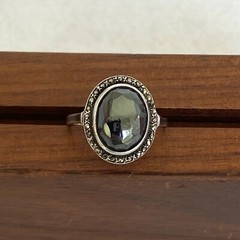 VTG Sterling Silver 935 +W+ Oval Faceted Hematite & Marcasite Ring Sz 6.25