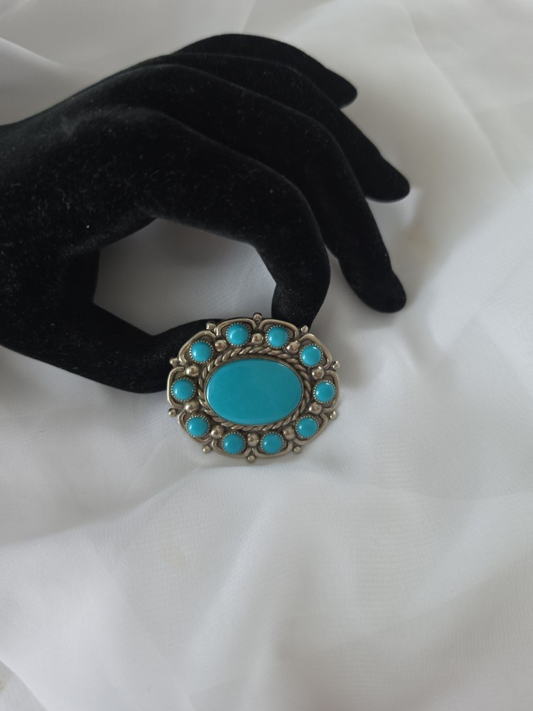 Bell Trading Post Nickel Silver Faux Turquoise Brooch Pin 1.75″