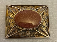 Vintage Silver Vermeil Filigree Aventurine Goldstone Brooch Pendant Handcrafted