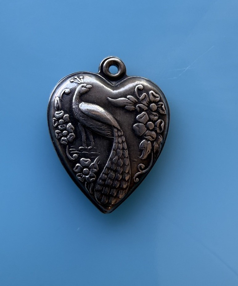 Victorian Puffy Heart Peacock Bird Sterling Silver Charm Pendant .8g