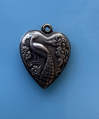 Victorian Puffy Heart Peacock Bird Sterling Silver Charm Pendant .8g