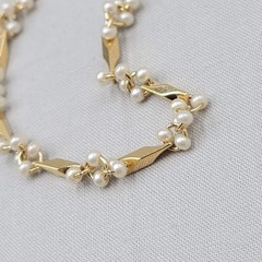 Vintage Faux Pearl Bar Link Chain Tennis Bracelet Gold tone 6.25″