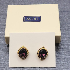 AVON Simulated Amethyst February Birthstone Gold Tone Pierced Earrings with Box