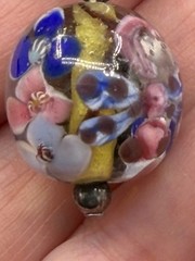 Art Glass Floral Bead Pendant Necklace 18” Blue White