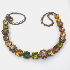Vintage Crystal Necklace Autumn Brown Green Brass Statement Romantic Statement