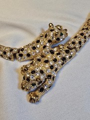 Vintage Articulated Double Green Eyed Leopard Panther Rhinestone Collar Necklace