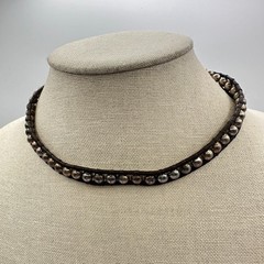 Vintage 90s Choker Necklace Silver Tone Ball Bead Brown Leather Boho Jewelry Y2K