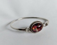 Vintage Mexico 925 Rope Accented Oval Diachroic Glass Tension Bangle Bracelet