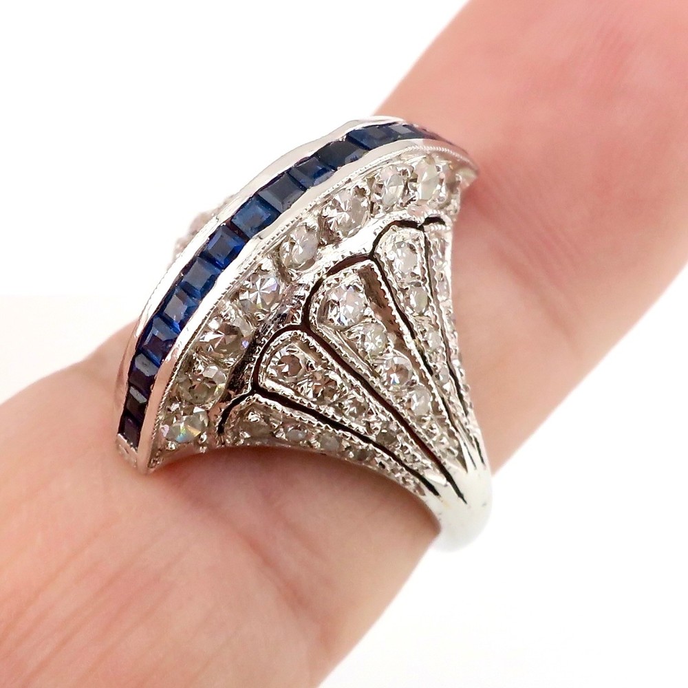Vintage Edwardian Platinum Egyptian Revival Blue Sapphire Diamond Filigree Ring