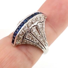 Vintage Edwardian Platinum Egyptian Revival Blue Sapphire Diamond Filigree Ring