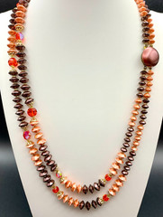 1950s-1960s Double-Strand Beaded Necklace Japan Box Clasp Peach Coral Burgundy