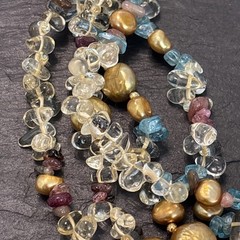14k Yellow Gold Clasp 5-Strand Quartz Assorted Gemstones Necklace Vintage 18”