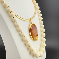 Vintage Glass Cabochon Pendant Necklace Set Orange Brown Beaded Gold Tone