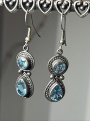 56. Vintage SJ Sterling 925 Double Blue Topaz Dangle Hook Earrings 8.6g, 45mm