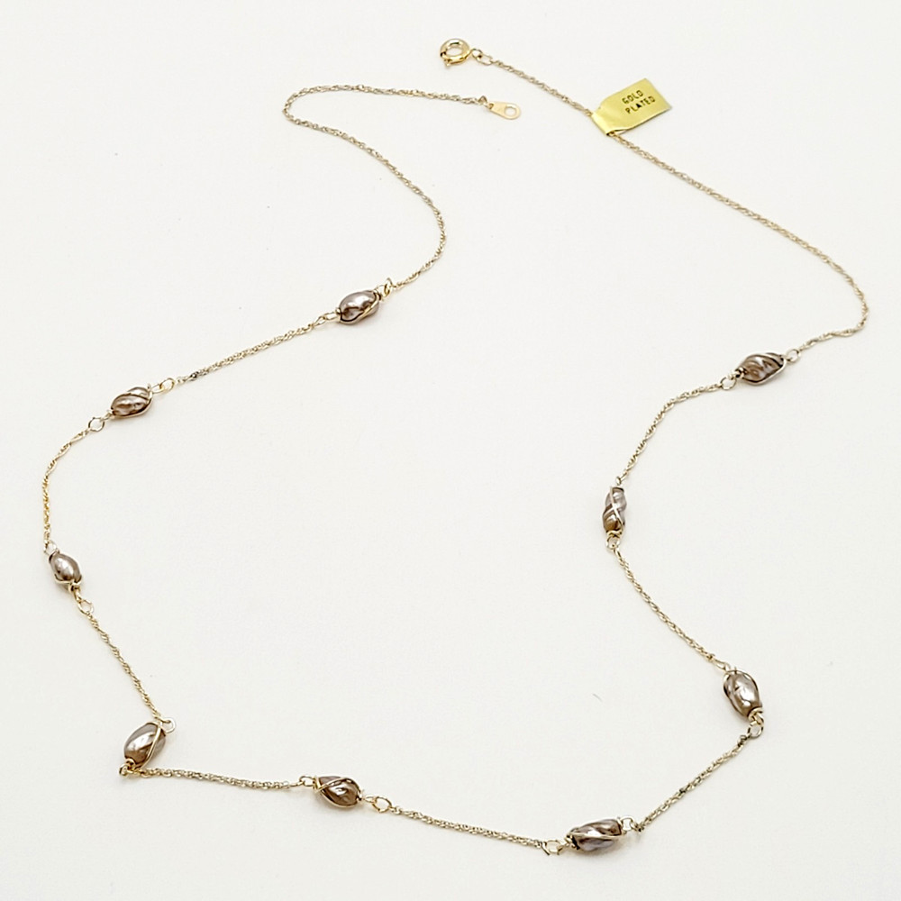 Barrel Pearl Neutral Tone Gold Plated Station Necklace Vtg Korea 24 Inch w Tag