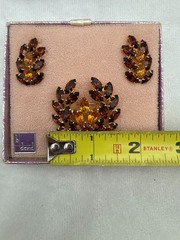 Vtg B David Smoke & Topaz Rhinestone Brooch Earrings Set Marquise Leaf Gold Tone