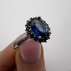 925 Sterling Silver Blue Sapphire Ring with Halo Stones