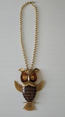 Vintage Articulated Owl Pendant Necklace Amber Lucite Eyes Wings Tail Gold Tone