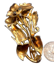 Vintage Enameled Figural Flower Brooch, Pave Rhinestone Inset Center & Stem