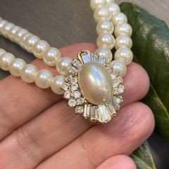 Vintage Pearl Necklace Crystal Halo Pendant Estate Jewelry Pre-Owned Glamourous
