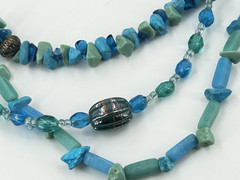 Natural Green Blue Stone Necklace Glass Triple Strand Silver Tone