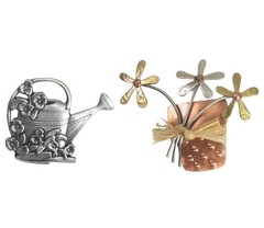 Vintage Birds & Bloom Brooch set Silver watering can Copper Flower Pot Gardening