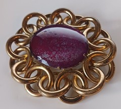 Large Vintage Brooch: Mottled Red-Purple Glass Stone in Interlocked Brass Rings