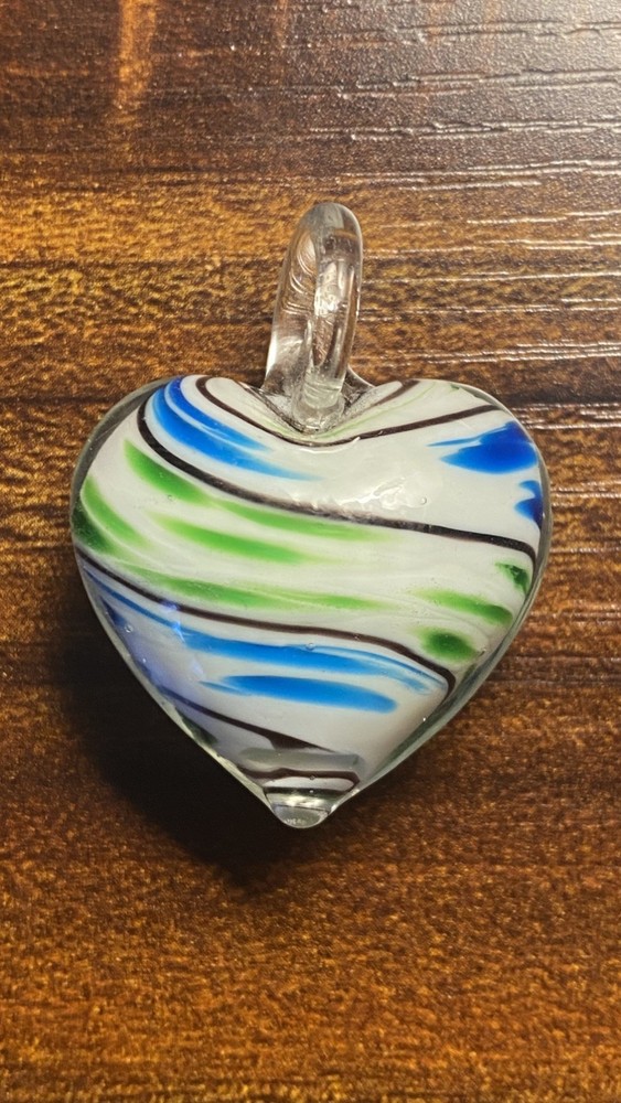 Vintage Murano Venetian Blue Green White Striped Heart Shaped Pendant