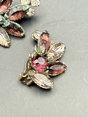Vintage Floral Purple And Clear Rhinestone Brooch Pin And Clip On Earrings Set