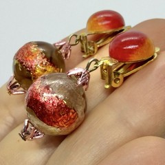 Vtg Hong Kong Lucite Foil Yellow Red Bead Dangle Earrings Clip-on